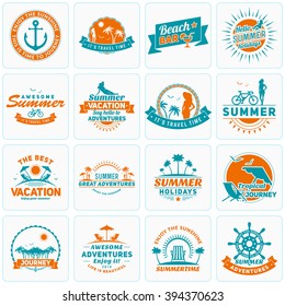 Set of Summer Holidays Design Elements. Hipster Vintage Logotypes and Badges. Beach Vacation, Party, Journey