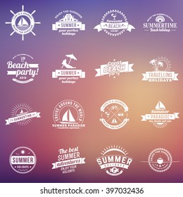 Set of Summer Holidays Design Elements. Hipster Vintage Logotypes and Badges on Blurred Background. Beach Vacation, Party, Journey