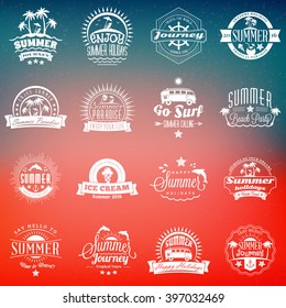 Set of Summer Holidays Design Elements. Hipster Vintage Logotypes and Badges on Blurred Background. Beach Vacation, Party, Journey