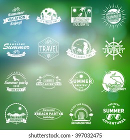Set of Summer Holidays Design Elements. Hipster Vintage Logotypes and Badges on Blurred Background. Beach Vacation, Party, Journey