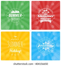 Set of Summer Holidays Design Elements on Colorful Background. Beach Vacation, Party, Journey, Camping