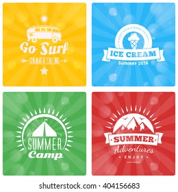 Set of Summer Holidays Design Elements on Colorful Background. Beach Vacation, Party, Journey, Camping