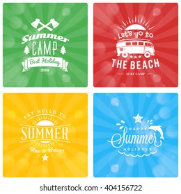 Set of Summer Holidays Design Elements on Colorful Background. Beach Vacation, Party, Journey, Camping