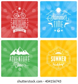 Set of Summer Holidays Design Elements on Colorful Background. Beach Vacation, Party, Journey, Camping