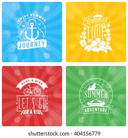 Set of Summer Holidays Design Elements on Colorful Background. Beach Vacation, Party, Journey, Camping