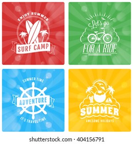 Set of Summer Holidays Design Elements on Colorful Background. Beach Vacation, Party, Journey, Camping