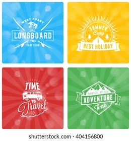 Set of Summer Holidays Design Elements on Colorful Background. Beach Vacation, Party, Journey, Camping