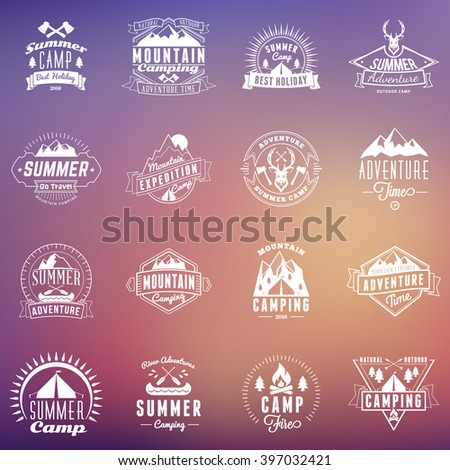 Set of Summer Holidays Design Elements. Hipster Vintage Logotypes and Badges on Blurred Background. Beach Vacation, Party, Journey
