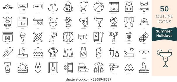 Set von Sommerferien-Symbole. Dünne lineare Stilsymbole Pack. Vektorgrafik