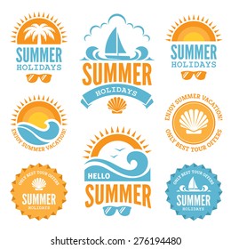 Set of  summer holidays labels with  sun, palm tree, sailing yacht, sunglasses, sea shell and waves in bright  blue and orange colors isolated on white background