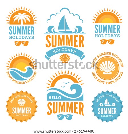Set of  summer holidays labels with  sun, palm tree, sailing yacht, sunglasses, sea shell and waves in bright  blue and orange colors isolated on white background
