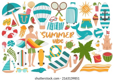 Set of summer holidays on the beach. Doodle flat clipart. All objects are repainted.