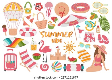 Set of summer holidays on the beach. Doodle flat clipart. All objects are repainted.