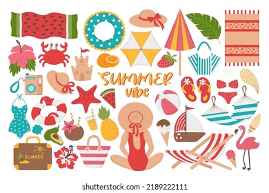 Set of summer holidays on the beach. Doodle flat clipart. All objects are repainted.