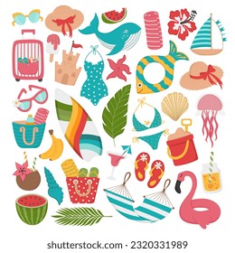 Set of summer holidays on the beach. Doodle flat clipart. All objects are repainted.