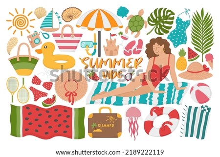 Set of summer holidays on the beach. Doodle flat clipart. All objects are repainted.