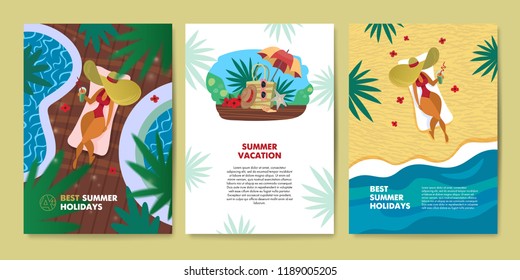 Set of summer holidays posters or greeting cards. Vector flat design