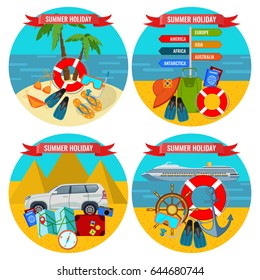 Set of summer holidays posters travelling by land and water concept.