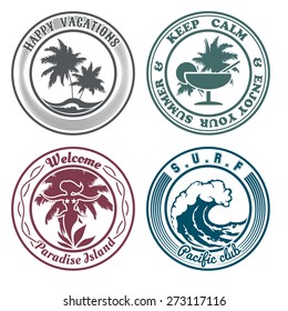 Set of summer holidays stamps or seal with design elements. Palm trees, cocktail, hula dancer, surf wave. Isolated on white background. No gradient used.