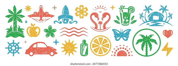 Set of Summer holidays symbols and objects vector illustration. Collection of summer vacation elements for posters design and stickers. Texture risograph vector illustration.