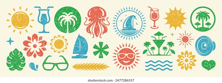 Set of Summer holidays symbols and objects vector illustration. Collection of summer vacation elements for posters design and stickers. Texture risograph vector illustration.