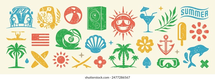 Set of Summer holidays symbols and objects vector illustration. Collection of summer vacation elements for posters design and stickers. Texture risograph vector illustration.