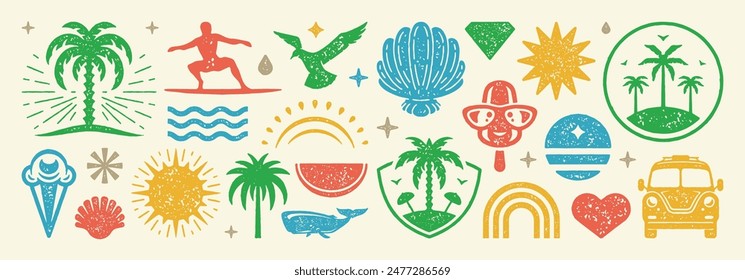 Set of Summer holidays symbols and objects vector illustration. Collection of summer vacation elements for posters design and stickers. Texture risograph vector illustration.