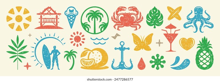 Set of Summer holidays symbols and objects vector illustration. Collection of summer vacation elements for posters design and stickers. Texture risograph vector illustration.