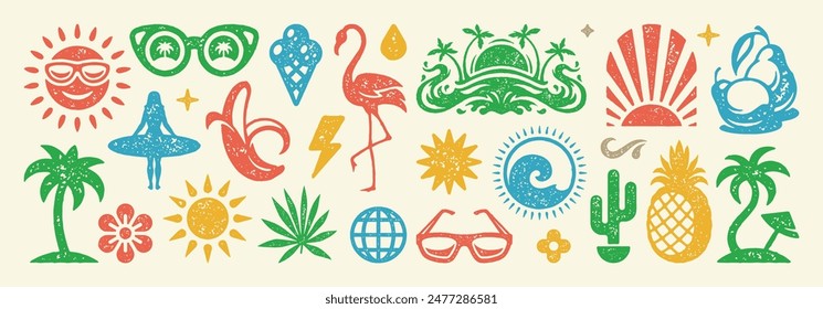 Set of Summer holidays symbols and objects vector illustration. Collection of summer vacation elements for posters design and stickers. Texture risograph vector illustration.