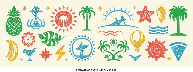 Set of Summer holidays symbols and objects vector illustration. Collection of summer vacation elements for posters design and stickers. Texture risograph vector illustration.