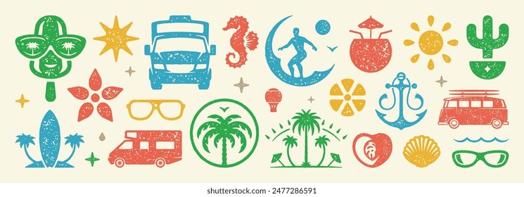 Set of Summer holidays symbols and objects vector illustration. Collection of summer vacation elements for posters design and stickers. Texture risograph vector illustration.