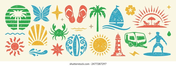 Set of Summer holidays symbols and objects vector illustration. Collection of summer vacation elements for posters design and stickers. Texture risograph vector illustration.