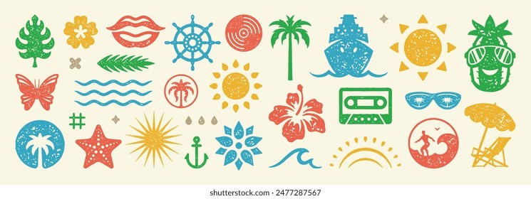 Set of Summer holidays symbols and objects vector illustration. Collection of summer vacation elements for posters design and stickers. Texture risograph vector illustration.