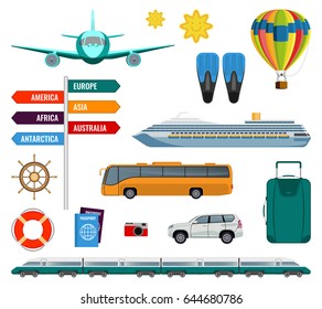 Set of summer holidays transport items vector illustration isolated