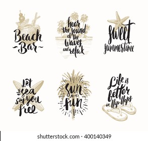 Set of summer holidays and tropical vacation hand drawn vector illustration with handwritten calligraphy quotes, words and phrases.