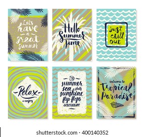 Set of summer holidays and tropical vacation hand drawn posters or greeting card with handwritten calligraphy quotes, phrase and words. Vector illustration.