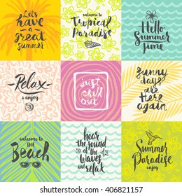 Set of summer holidays and tropical vacation hand drawn posters or greeting card with handwritten calligraphy quotes, phrase and words. Vector illustration