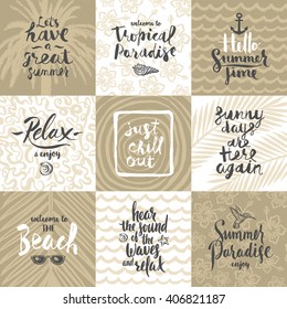 Set of summer holidays and tropical vacation hand drawn posters or greeting card with handwritten calligraphy quotes, phrase and words. Vector illustration