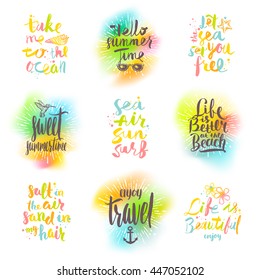 Set of summer holidays and tropical vacation handwritten calligraphy greetings. Vector illustration.