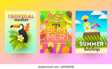 Set of summer holidays and tropical vacation  posters or greeting card. Vector flat design.