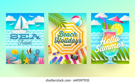 Set of summer holidays and tropical vacation  posters or greeting card. Vector flat design.