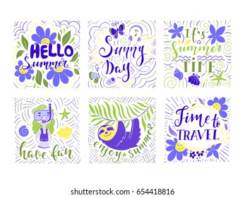 Set of summer holidays and tropical vacation hand drawn little sketch for greeting card with handwritten calligraphy quotes, phrase and words. Vector illustration