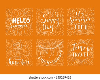 Set of summer holidays and tropical vacation hand drawn little sketch for greeting card with handwritten calligraphy quotes, phrase and words. Vector illustration