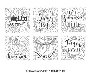 Set of summer holidays and tropical vacation hand drawn little sketch for greeting card with handwritten calligraphy quotes, phrase and words. Vector illustration