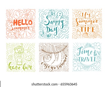 Set of summer holidays and tropical vacation hand drawn little sketch for greeting card with handwritten calligraphy quotes, phrase and words. Vector illustration