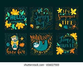 Set of summer holidays and tropical vacation hand drawn little sketch for greeting card with handwritten calligraphy quotes, phrase and words. Vector illustration