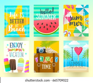 Set of summer holidays and tropical vacation  posters or greeting card. Vector flat design.