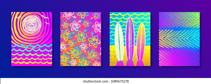 Set of summer holidays and vacation hand drawn multicolored background for posters or greeting card. Vector illustration.