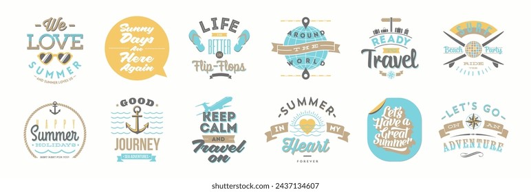 Set of summer holidays, vacation and travel retro type design with quote and phrases. Vector illustration.