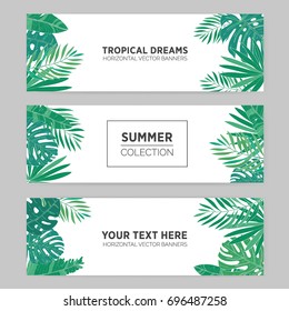 Set of summer horizontal banners with tropical leaves, monstera, banana, chamaedorea and other palms. Template for advertising production. Background with place for text. 